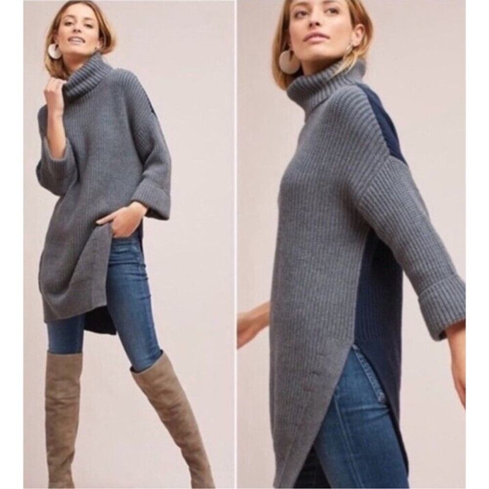 Anthropologie Moth Oversized Tunic Turtleneck Sweater sz S Gray Navy